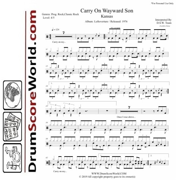 Kansas - Carry On Wayward Son - Drum Sheet + Play-Along Track